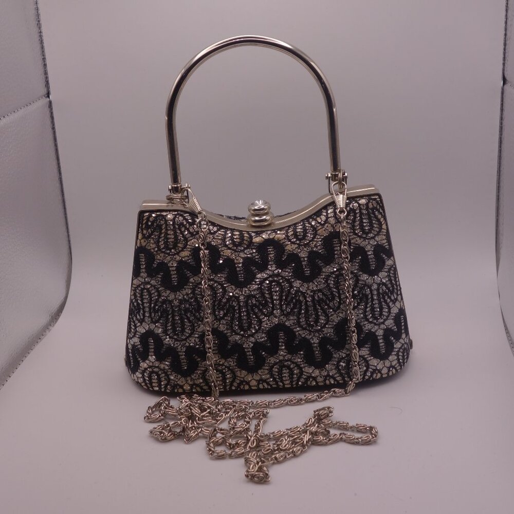 Vintage Rachel Metal Clutch Purse with Chain and Decorated with Glitter
